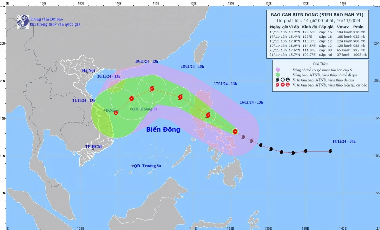 Dự báo diễn biến siêu bão Man-yi: Gió gần tâm bão giật cấp 17, sẽ đi vào Biển Đống và suy yếu dần Dự báo diễn biến siêu bão Man-yi: Gió gần tâm bão giật cấp 17, sẽ đi vào Biển Đống và suy yếu dần