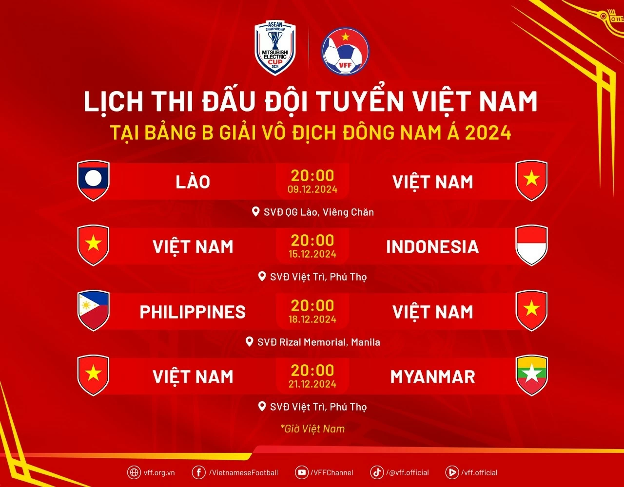 Lịch thi đấu bảng B giải ASEAN Cup 2024 Lịch thi đấu bảng B giải ASEAN Cup 2024