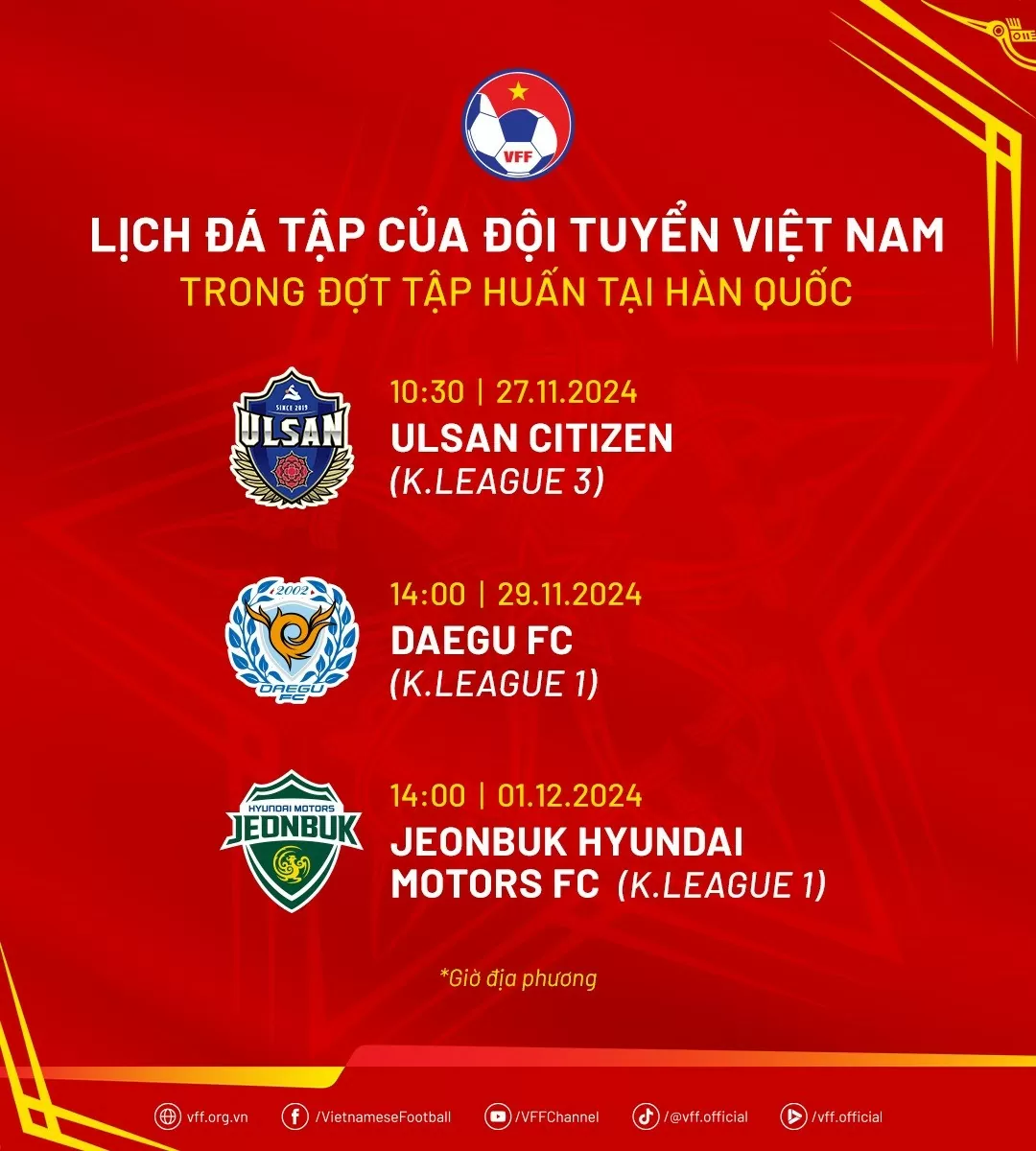 Lịch đá tập của đội tuyển Việt Nam trong đợt tập huấn tại Hàn Quốc Lịch thi đấu của đội tuyển Việt Nam tại chuyến tập huấn Hàn Quốc