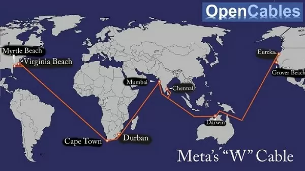 Hình dung về tuyến cáp quang biển chữ W của Meta. Hình dung về tuyến cáp quang biển chữ W của Meta.