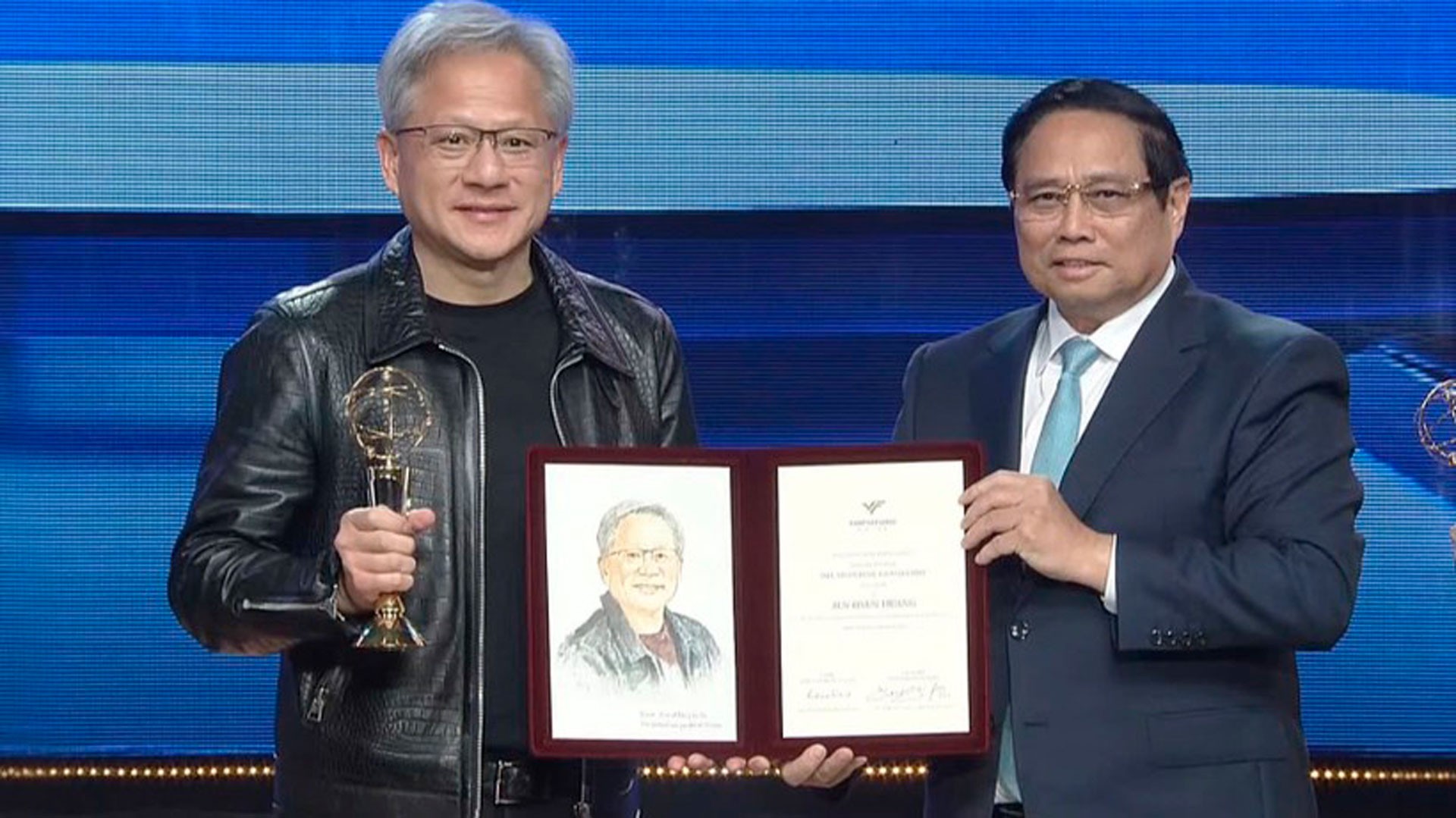 Thủ tướng Phạm Minh Chính trao giải thưởng Chính VinFuture cho ông Jensen Huang, Chủ tịch NVIDIA.