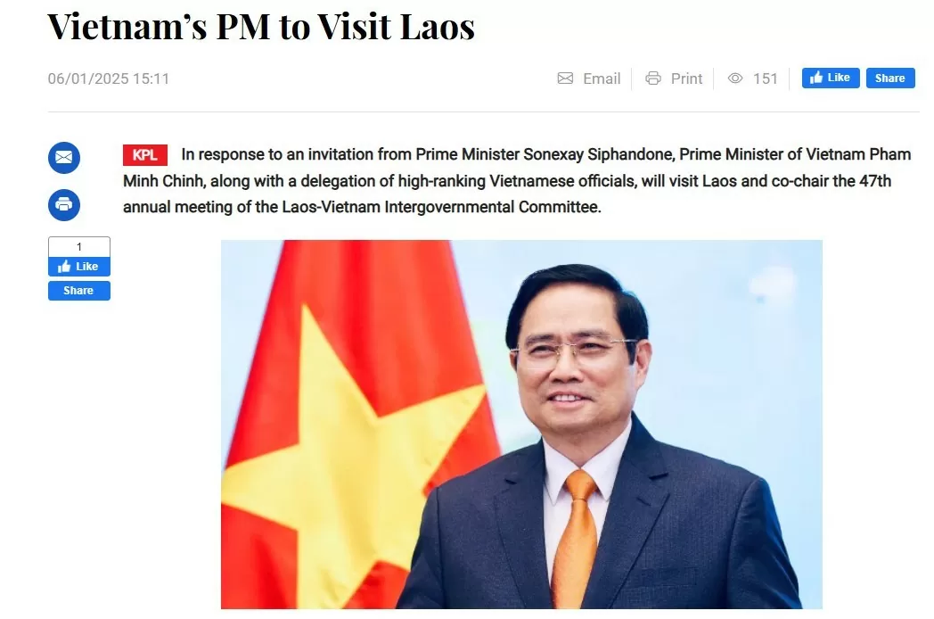 Hãng thông tấn Lào KPL đăng thông cáo về chuyến thăm Lào của Thủ tướng Phạm Minh Chính. (Ảnh chụp màn hình) Hãng thông tấn Lào KPL đăng thông cáo về chuyến thăm Lào của Thủ tướng Phạm Minh Chính. (Ảnh chụp màn hình)