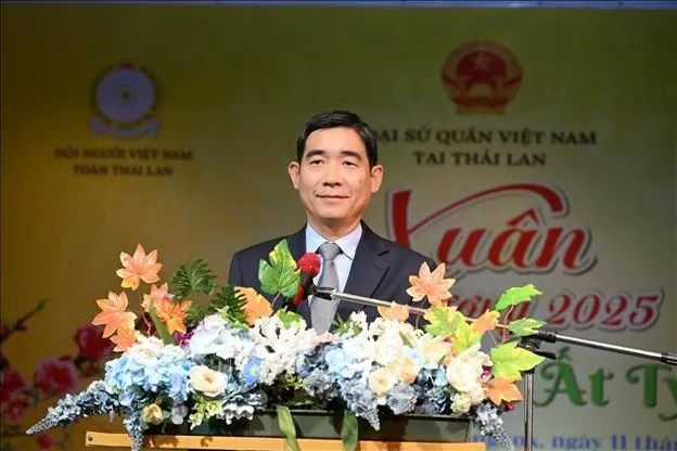 Đại sứ Phạm Việt Hùng phát biểu tại chương trình Xuân quê hương Tết Ất Tỵ 2025. Ảnh: Đỗ Sinh/TTXVN