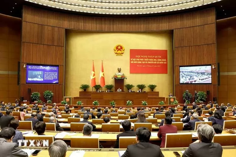 Hội nghị toàn quốc về đột phá phát triển khoa học, công nghệ, đổi mới sáng tạo và chuyển đổi số quốc gia tại điểm cầu Hội trường Diên Hồng - Nhà Quốc hội. (Nguồn: TTXVN) Hội nghị toàn quốc về đột phá phát triển khoa học, công nghệ, đổi mới sáng tạo và chuyển đổi số quốc gia tại điểm cầu Hội trường Diên Hồng - Nhà Quốc hội. (Nguồn: TTXVN)