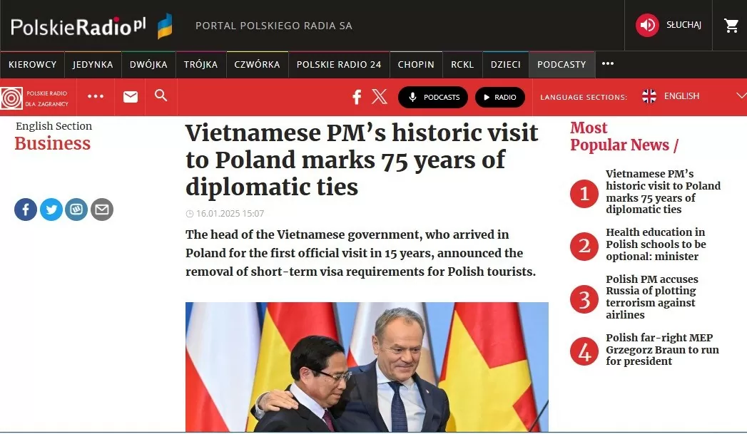 Truyền thông Ba Lan đưa tin đậm nét về 'chuyến thăm lịch sử' của Thủ tướng Phạm Minh Chính Truyền thông Ba Lan đưa tin đậm nét về 'chuyến thăm lịch sử' của Thủ tướng Phạm Minh Chính