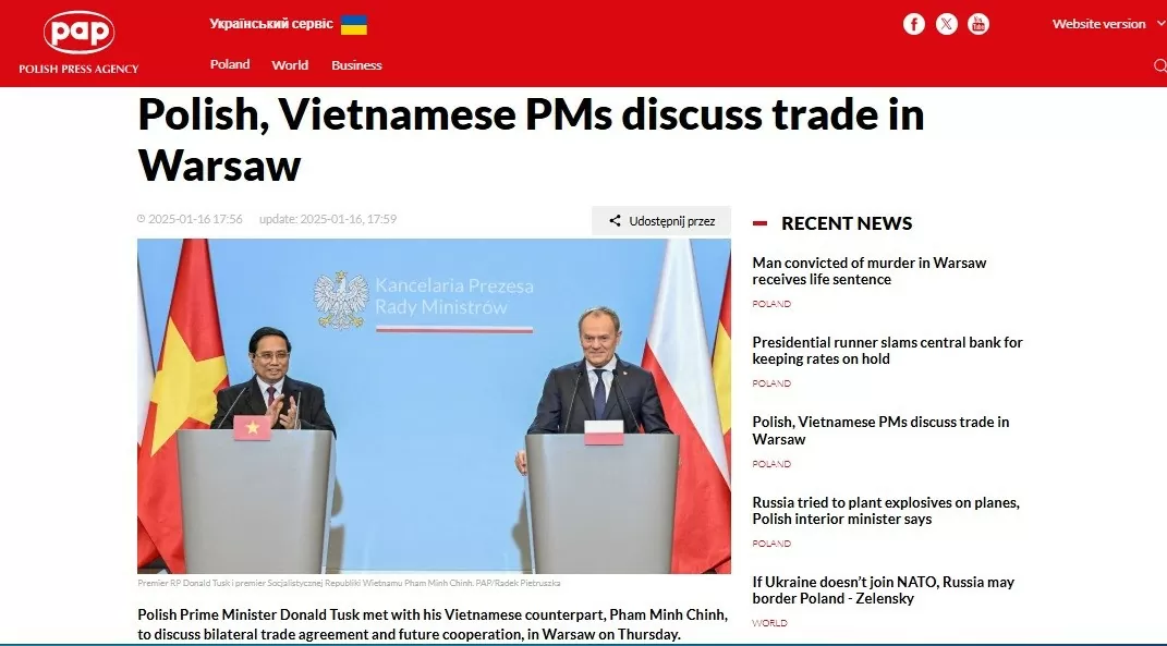 Truyền thông Ba Lan đưa tin đậm nét về 'chuyến thăm lịch sử' của Thủ tướng Phạm Minh Chính Truyền thông Ba Lan đưa tin đậm nét về 'chuyến thăm lịch sử' của Thủ tướng Phạm Minh Chính