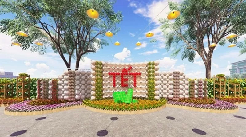 Tiểu cảnh “Sắc xuân Tết Việt” – được thiết kế từ những sản phẩm rất gần gũi với người Việt Nam như tre nứa và nón lá.