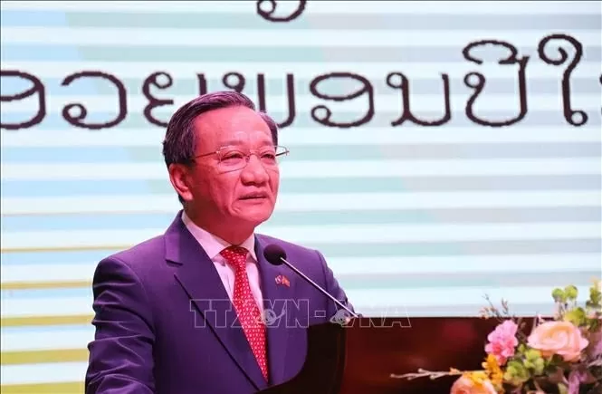 Đại sứ Việt Nam tại Lào Nguyễn Minh Tâm phát biểu tại sự kiện. Ảnh: Xuân Tú - PV TTXVN tại Lào