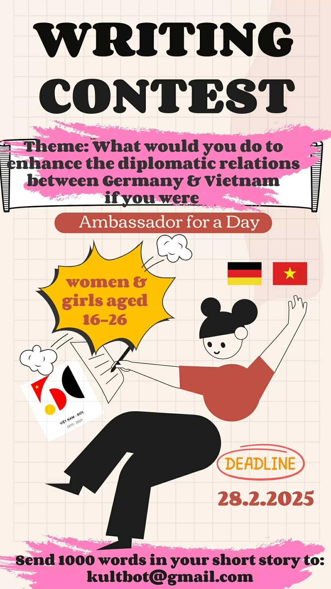 Poster cuộc thi viết Phát động cuộc thi viết Một ngày làm Đại sứ, trao quyền cho thế hệ lãnh đạo nữ trẻ