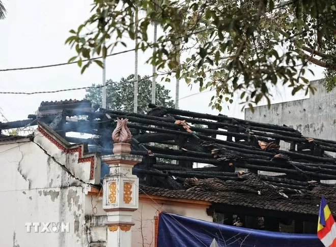 Hiện trường vụ cháy chùa Vẽ, thuộc phường Thọ Xương, thành phố Bắc Giang, tỉnh Bắc Giang. (Nguồn: TTXVN)