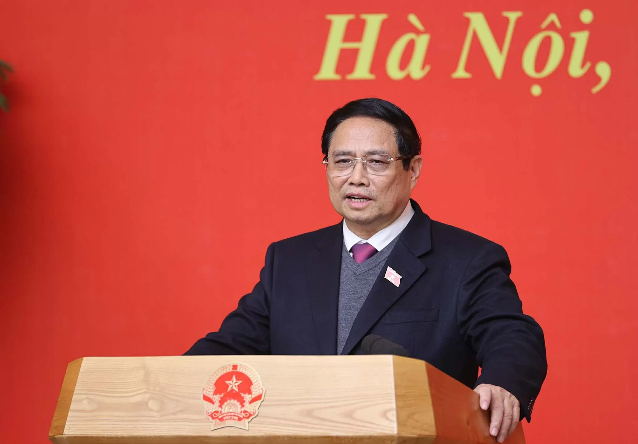 Thủ tướng Phạm Minh Chính phát biểu giao nhiệm vụ cho một số thành viên Chính phủ nhiệm kỳ 2021-2026. (Nguồn: VGP)
