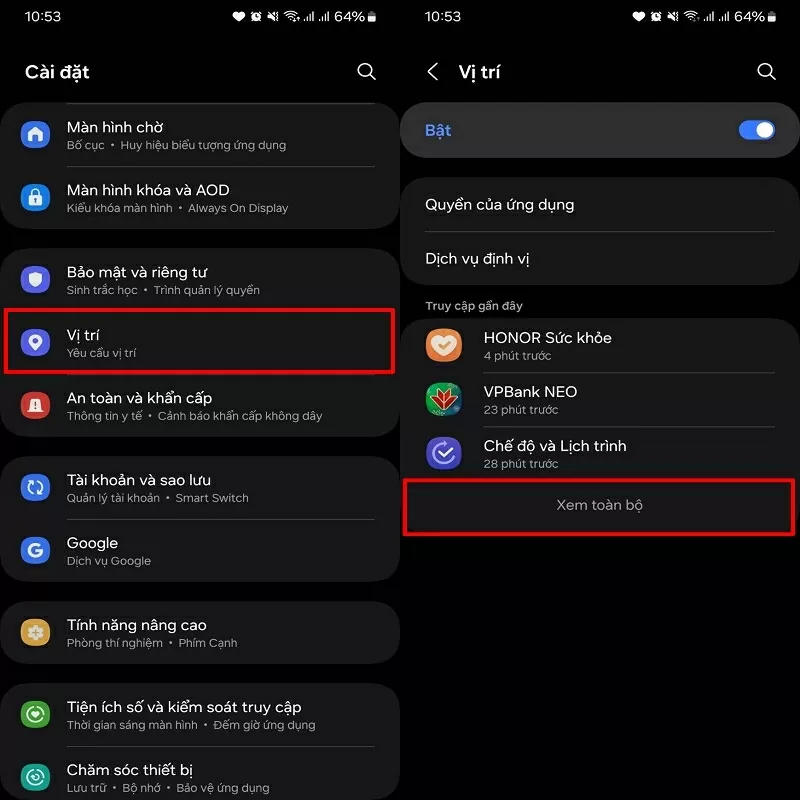 Mở ứng dụng Cài đặt lên và chọn mục Vị trí Mở ứng dụng Cài đặt lên và chọn mục Vị trí