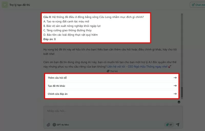 ChatBotX sẽ tạo cho bạn một bộ đề thi theo yêu cầu ChatBotX sẽ tạo cho bạn một bộ đề thi theo yêu cầu