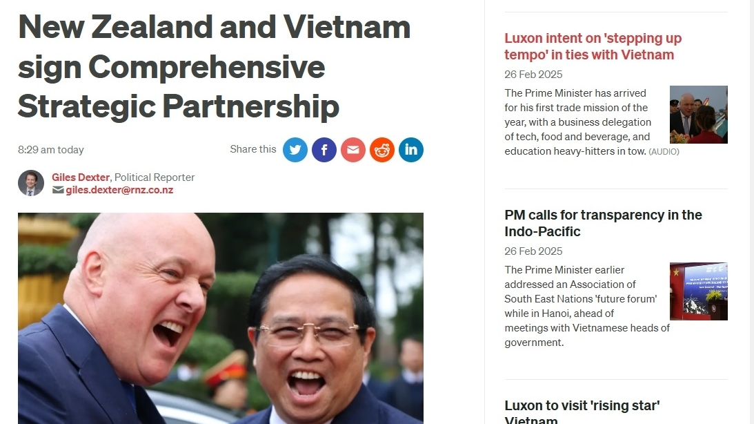 Truyền thông New Zealand: Triển vọng tươi sáng trong quan hệ với Việt Nam sau khi nâng cấp lên Đối tác chiến lược toàn diện