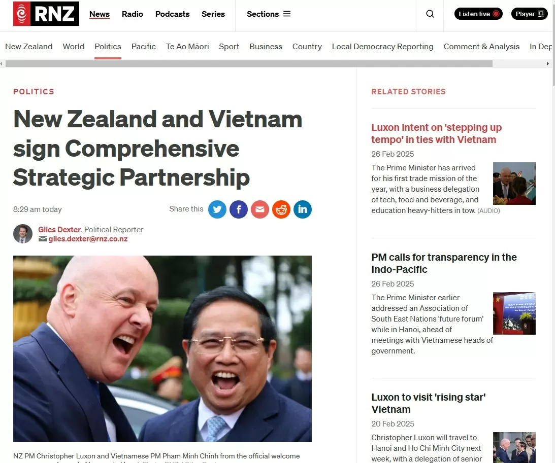 Truyền thông New Zealand: Triển vọng tươi sáng trong quan hệ với Việt Nam sau khi nâng cấp lên Đối tác chiến lược toàn diện Truyền thông New Zealand: Triển vọng tươi sáng trong quan hệ với Việt Nam sau khi nâng cấp lên Đối tác chiến lược toàn diện