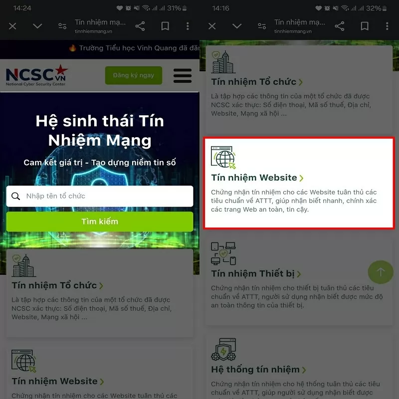 Truy cập vào trang chủ của website Tín nhiệm mạng Truy cập vào trang chủ của website Tín nhiệm mạng