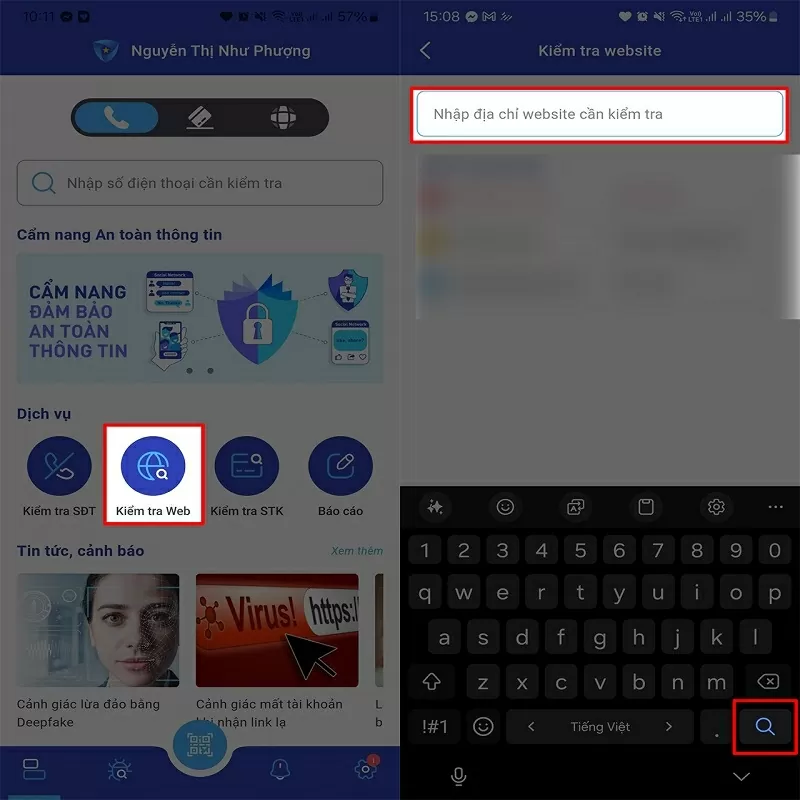 Nhấn vào mục Kiểm tra website Nhấn vào mục Kiểm tra website