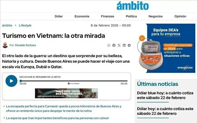 Tờ Ambito của Argentina đã đăng bài viết ca ngợi vẻ đẹp đất nước, con người và văn hóa Việt Nam. Ảnh: Diệu Hương - PV TTXVN tại Argentina Tờ Ambito của Argentina đã đăng bài viết ca ngợi vẻ đẹp đất nước, con người và văn hóa Việt Nam. Ảnh: Diệu Hương - PV TTXVN tại Argentina