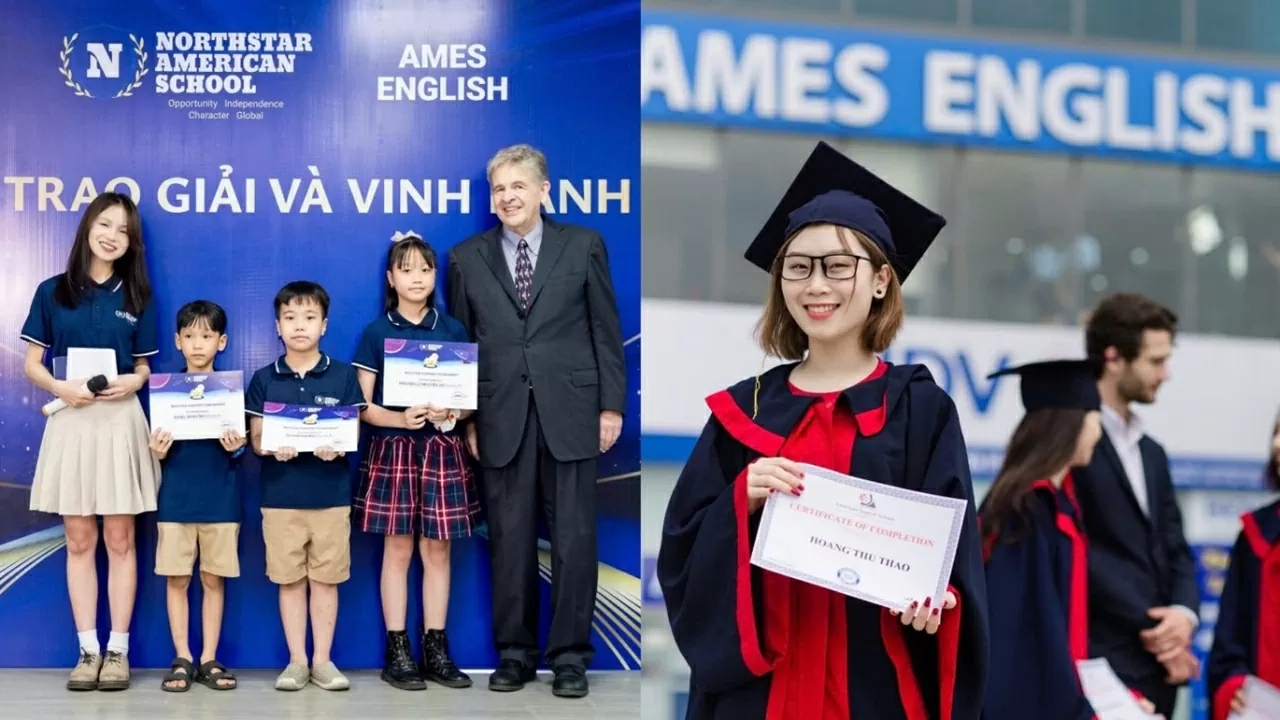 Học sinh Trường NAS (trái) và học sinh AMES (phải) nhận bằng khen tại buổi bế giảng. Học sinh Trường NAS (trái) và học sinh AMES (phải) nhận bằng khen tại buổi bế giảng.