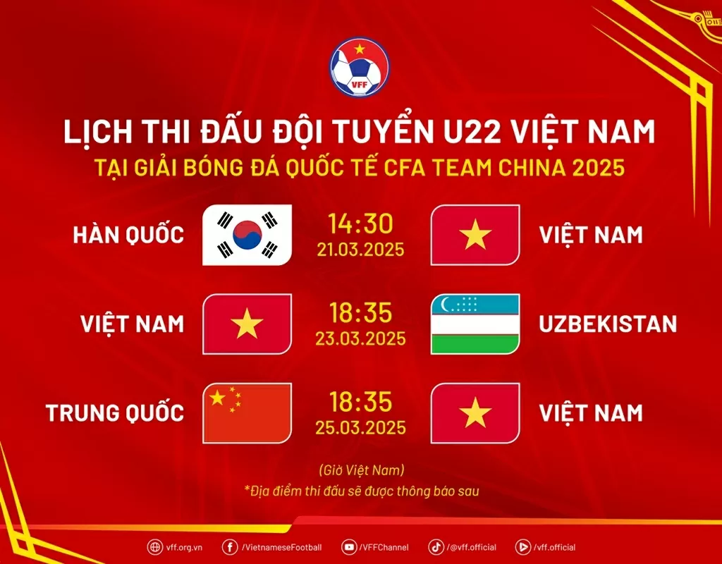 Giải bóng đá quốc tế CFA Team China 2025: Lịch thi đấu của đội tuyển U22 Việt Nam (21/3)ngày Lịch thi đấu của đội tuyển U22 Việt Nam tại giải bóng đá giao hữu quốc tế CFA Team China 2025