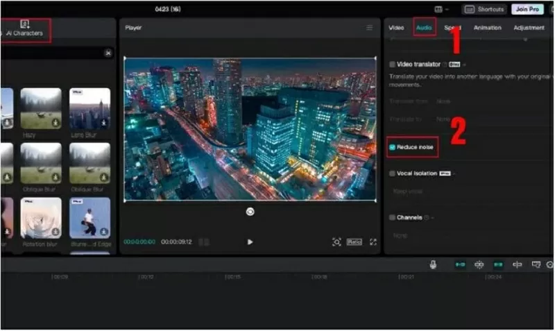 Nhấn vào mục Reduce Noise để lọc tạp âm Nhấn vào mục Reduce Noise để lọc tạp âm
