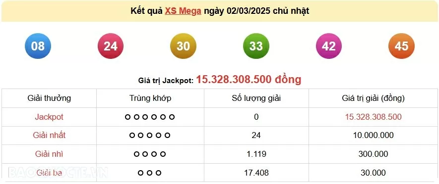 Vietlott 2/3, kết quả xổ số Vietlott Mega Chủ nhật 2/3/2025. xổ số Mega 645 hôm nay