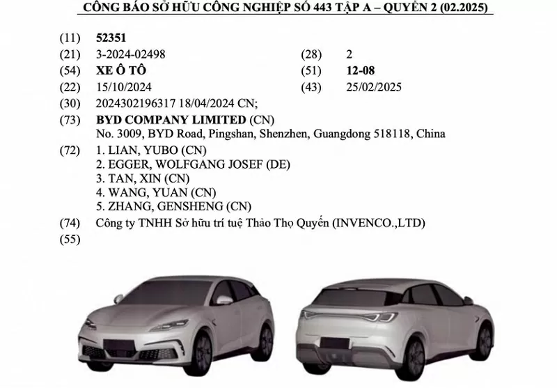 BYD đăng ký bản quyền kiểu dáng hai mẫu xe mới tại Việt Nam