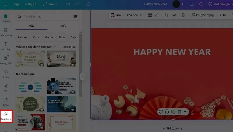 Mở thiết kế lên và chọn vào mục Ứng dụng Mở thiết kế lên và chọn vào mục Ứng dụng