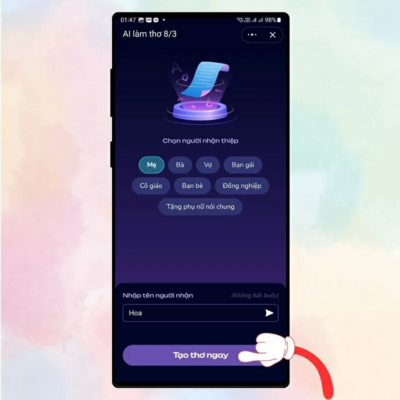 Nhấn vào nút Tạo thơ ngay Nhấn vào nút Tạo thơ ngay