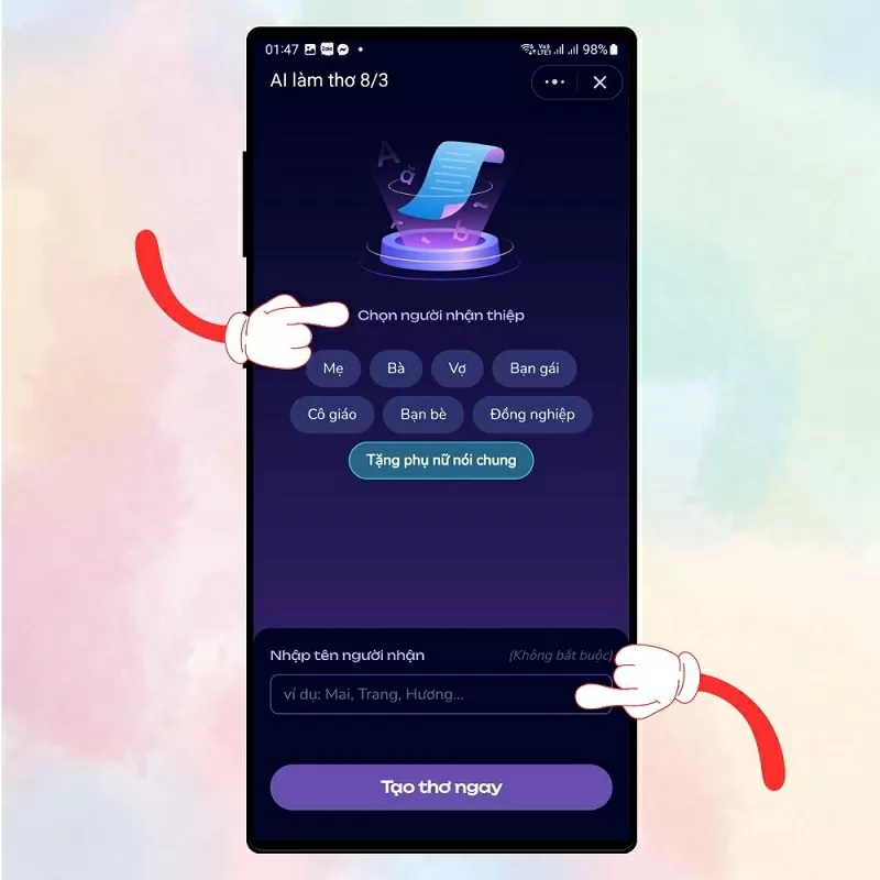 Chọn người và nhập tên người bạn muốn gửi thiệp Chọn người và nhập tên người bạn muốn gửi thiệp