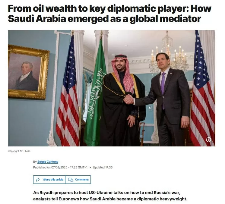 Từ quốc gia dầu mỏ đến nhà ngoại giao quan trọng: Saudi Arabia nổi lên như một trung gian toàn cầu đăng trên Euronews ngày 7/3. (Ảnh chụp màn hình) Từ quốc gia dầu mỏ đến nhà ngoại giao quan trọng: Saudi Arabia nổi lên như một trung gian toàn cầu đăng trên Euronews ngày 7/3. (Ảnh chụp màn hình)