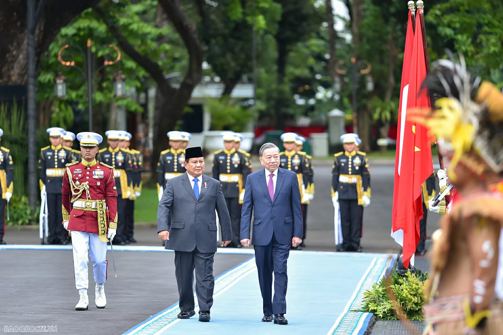 Tổng thống Cộng hòa Indonesia, Chủ tịch Đảng Phong trào Indonesia vĩ đại (Gerindra)  Prabowo Subianto chủ trì lễ đón chính thức Tổng Bí thư Tô Lâm, ngày 10/3. (Ảnh: Tuấn Anh)