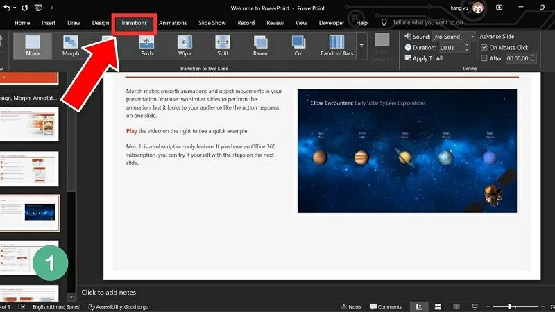 Nhấn vào tab Transitions và tìm mục Timing để điều chỉnh Nhấn vào tab Transitions và tìm mục Timing để điều chỉnh