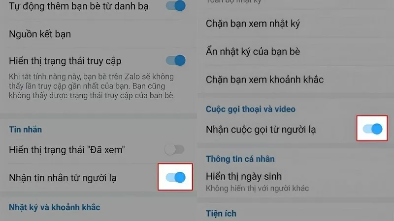 Gạt nút sang bên trái tại mục Nhận tin nhắn từ người lạ và Nhận cuộc gọi từ người lạ Gạt nút sang bên trái tại mục Nhận tin nhắn từ người lạ và Nhận cuộc gọi từ người lạ