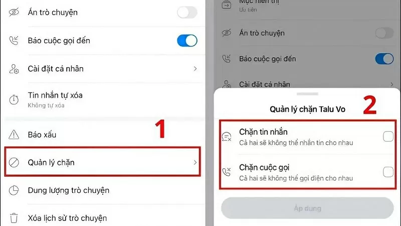 Chọn Chặn tin nhắn và Chặn cuộc gọi Chọn Chặn tin nhắn và Chặn cuộc gọi