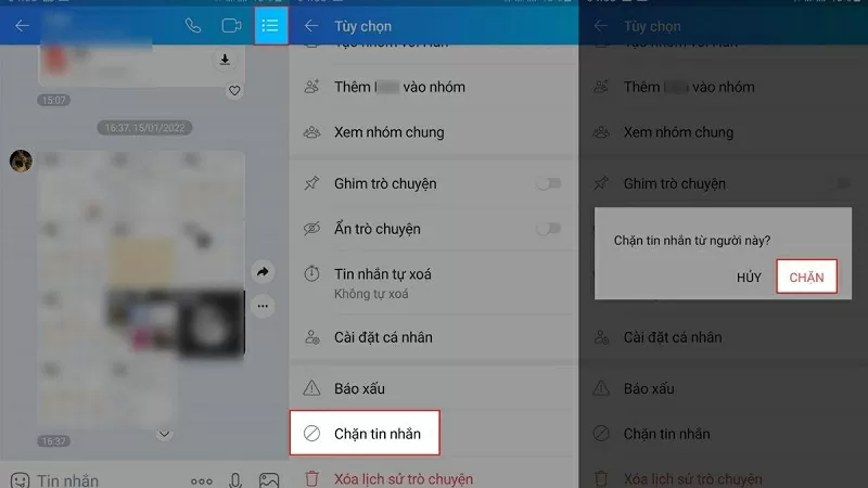 chọn Chặn tin nhắn và nhấn nút Chặn để xác nhận chọn Chặn tin nhắn và nhấn nút Chặn để xác nhận