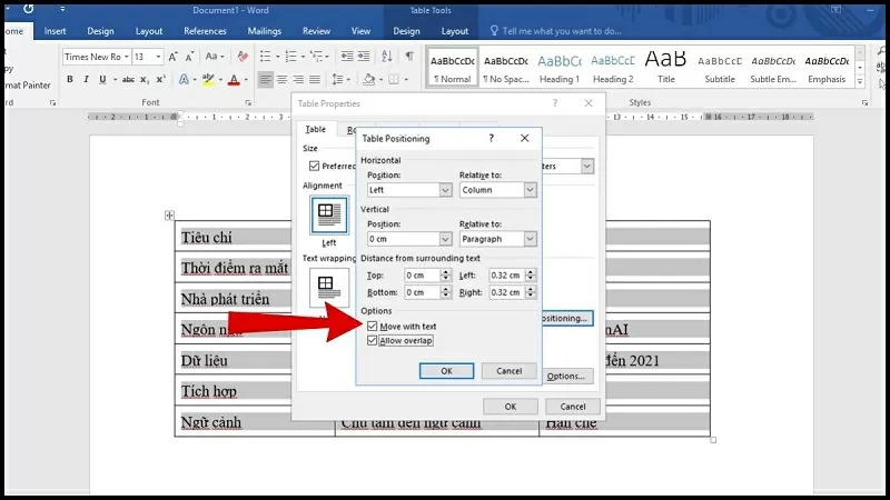 Tích vào tùy chọn Move with text Tích vào tùy chọn Move with text