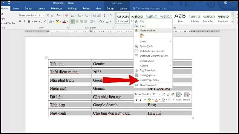 Chọn vào Table Properties Chọn vào Table Properties