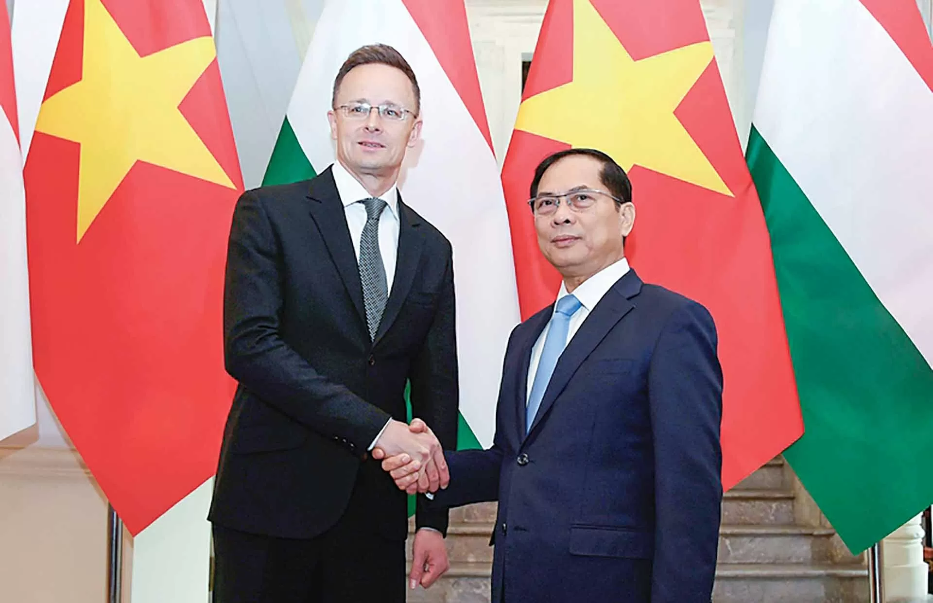 Phó Thủ tướng Chính phủ, Bộ trưởng Ngoại giao Bùi Thanh Sơn đón tiếp Bộ trưởng Ngoại giao và Kinh tế đối ngoại Hungary  Szijjártó Péter, ngày 19/3. (Ảnh: Hải Minh)