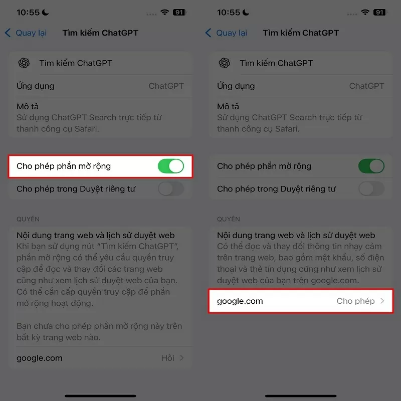 Bật cho phép phần mở rộng lên