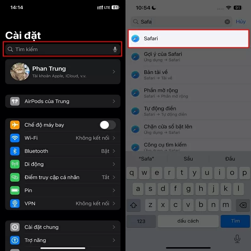 Chọn vào mục Safari Chọn vào mục Safari
