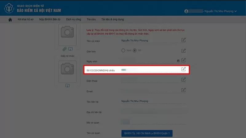 Nhập số Căn Cước mới vào mục thông tin cá nhân