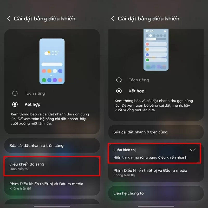 Điều chỉnh thanh độ sáng và các tùy chọn khác Điều chỉnh thanh độ sáng và các tùy chọn khác