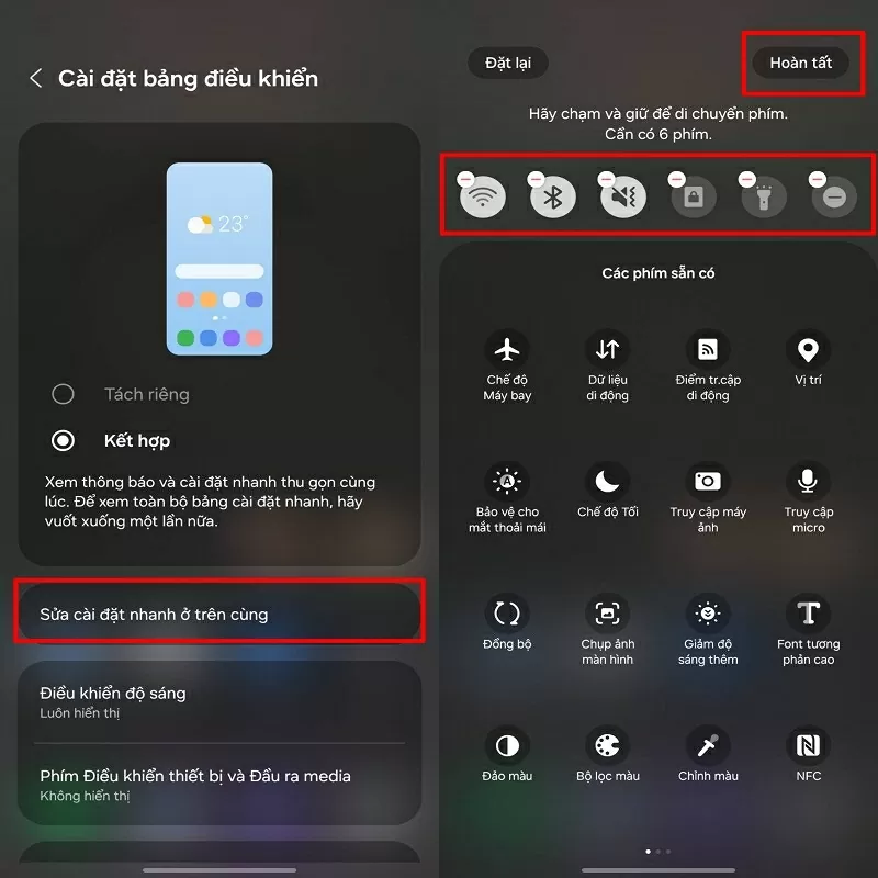 Chọn các biểu tượng cài đặt nhanh muốn hiển thị