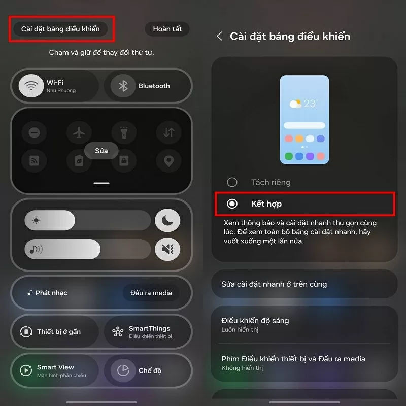 Nhấn vào mục Kết hợp để hợp nhất thanh trạng thái