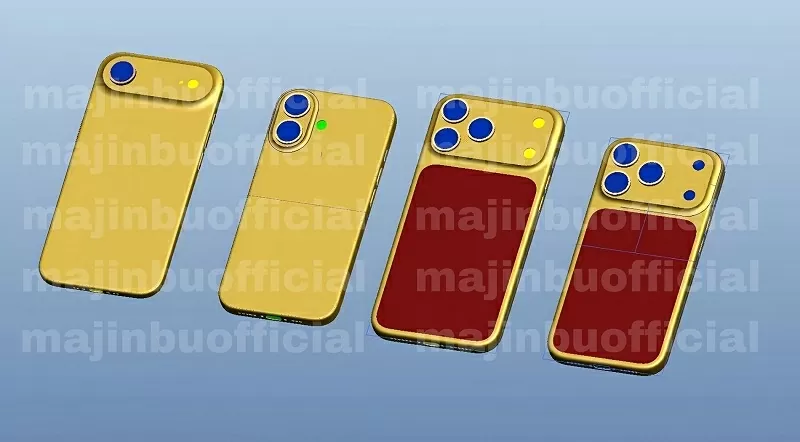 Hình ảnh CAD loạt iPhone 17, trong đó iPhone 17 Pro và iPhone 17 Pro Max có khu vực màu đỏ ở mặt lưng - đánh dấu thiết kế nửa kính và nửa nhôm