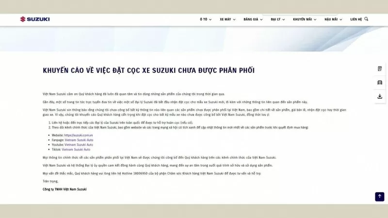 Khuyến cáo về việc đặt cọc xe Suzuki chưa được phân phối