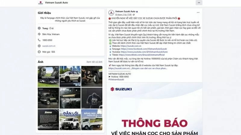 Thông báo về việc nhận cọc cho sản phẩm chưa được phân phối của Suzuki Việt Nam 