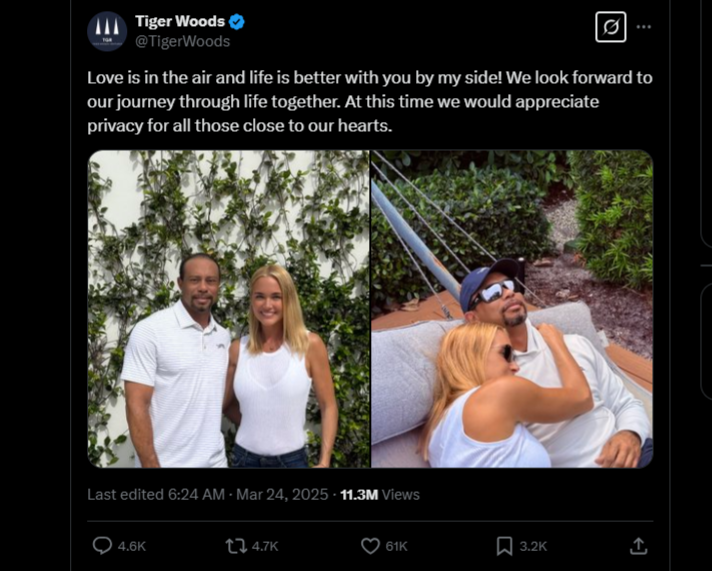 Tiger Woods xác nhận hẹn hò Vanessa Trump. (Nguồn: X)