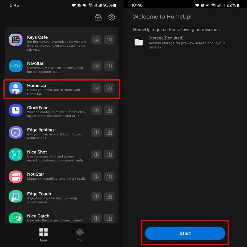 Nhấn Start để kích hoạt HomeUp Nhấn Start để kích hoạt HomeUp